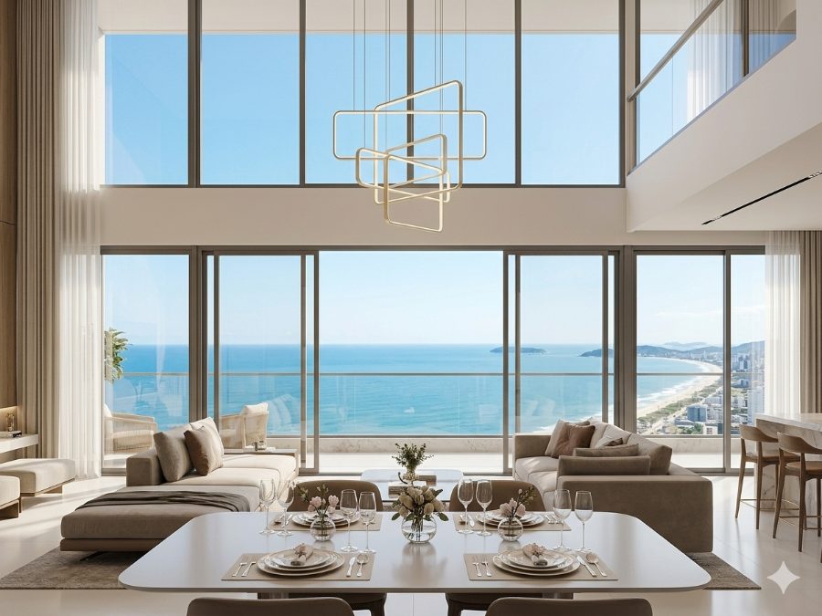 Living de cobertura com vista mar